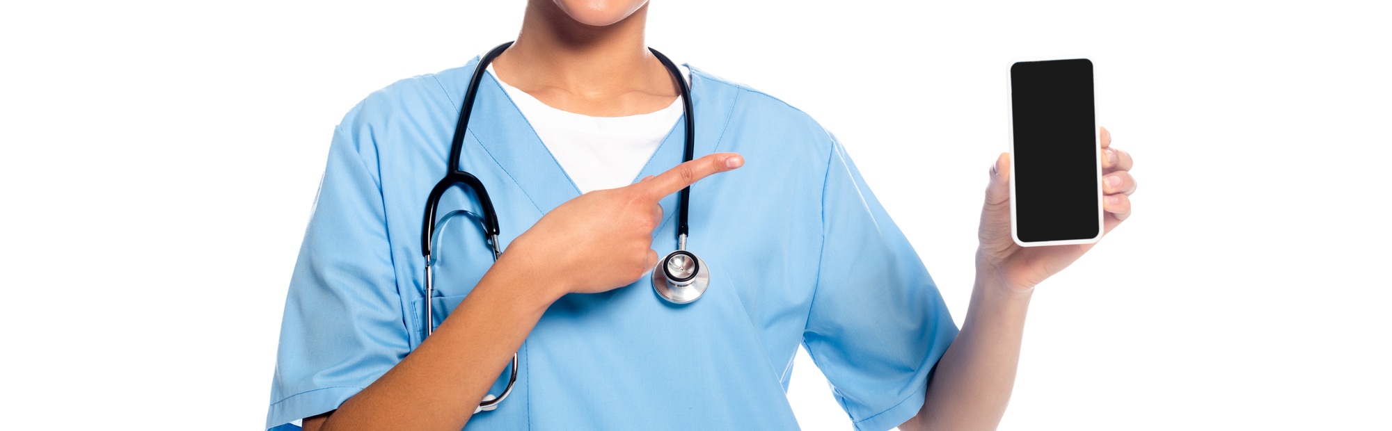 Nurse with stethoscope presenting smartphone isolated on white, panoramic shot